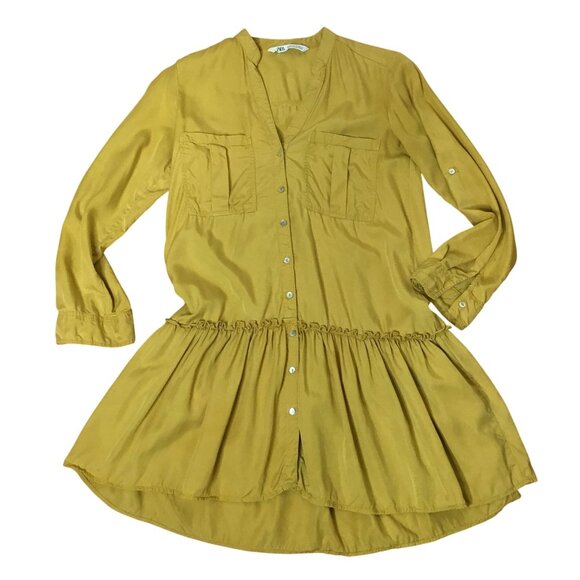 ZARA Mustard Drop Waist Ruffle Tunic Dress XS Long Sleeve Soft Drape Boho Look - Picture 1 of 6
